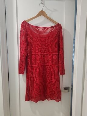 Express Red Lace Embroidered Long Sleeve Dress